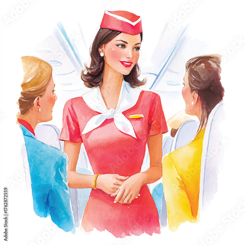 Watercolor Painting of a Smiling Flight Attendant in Red Uniform.