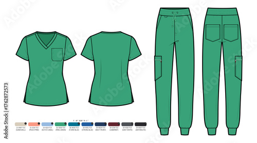 Women's V-Neck Scrub Set and Jogger Pants Flat Sketch with Color Palette