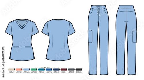 Women's V-Neck Scrub Top and Cargo Pants Flat Sketch with Color Palette
