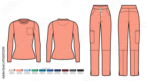 Women's Long Sleeve Scrub Top and Cargo Pants Flat Sketch With Color Palette