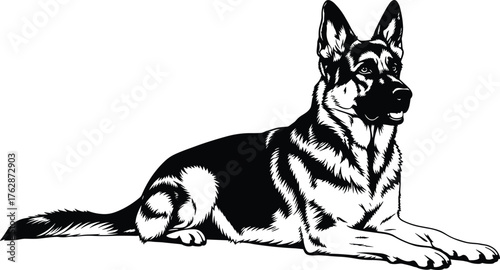 Silhouette of German Shepherd Dog Lying Calmly, Detailed Fur and Upright Ears, One-Panel Breed Identity Vector Illustration