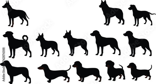 Set of dog breed silhouettes, diverse canine profiles, black vector design, pet animal illustration, side view outline, domestic dog graphic