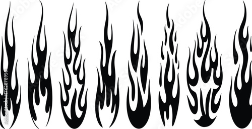 Black tribal flame vector silhouettes, fiery tattoo shapes, bold burning fire icons for motorcycle decals and graphic design elements