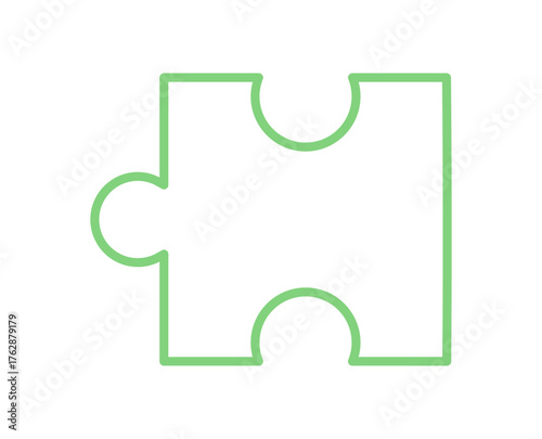 Flat outline jigsaw puzzle piece for boardgame activity. Green silhouette of toy piece in simple style. Perfect for playful table games, graphic designs, and childrens activities.