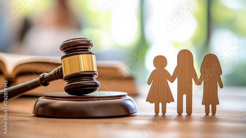 Family and Justice: A symbolic representation of family law, featuring a gavel poised alongside a wooden cutout family, embodying concepts of justice, fairness, and the protection of familial bonds.