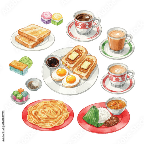 watercolor kopitiam breakfast collection illustration