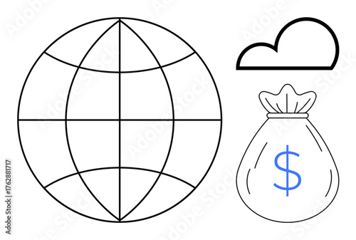 Globe, cloud, and moneybag with dollar sign symbolize global trade, digital finance, and cloud solutions. Ideal for business strategy, economy, globalization, technology innovation fintech