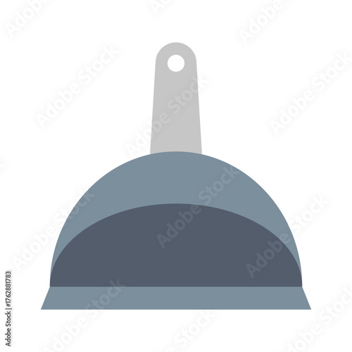 A gray dustpan with a handle and a hole