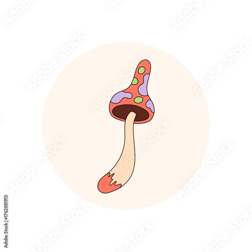 Groovy psychedelic mushroom sticker with retro art style on a funky circle label. Trippy package lid accent in y2k color, bold graphic for creative seal or vintage decor.