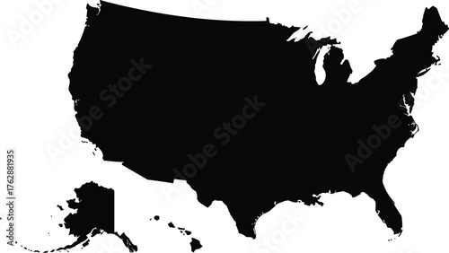 United States map silhouette, USA outline with Alaska and Hawaii, black vector design, geographic illustration, country shape graphic for education