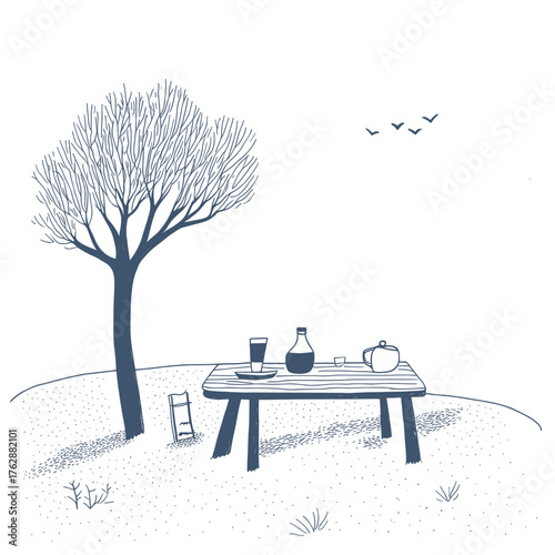 line art concept illustration of snowy picnic setups