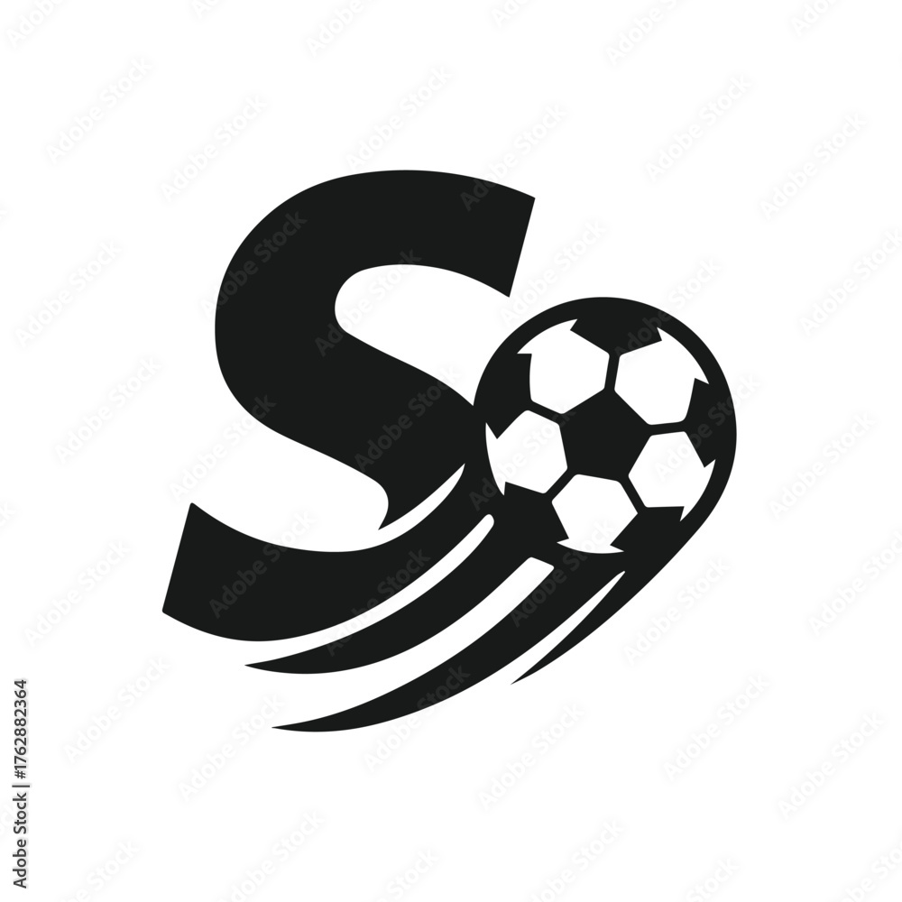 Obraz premium Modern letter S sports logo design with dynamic soccer ball and swoosh motion, professional athletic brand identity, creative football emblem, and team symbol vector illustration, volly ball logo,
