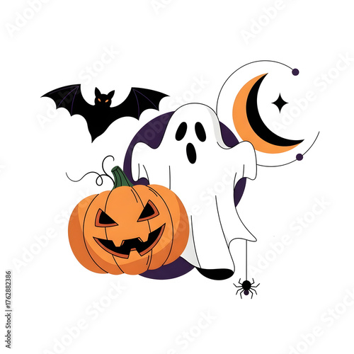 Modern Halloween illustration featuring a ghost, jack-o'-lantern, bat, and crescent moon