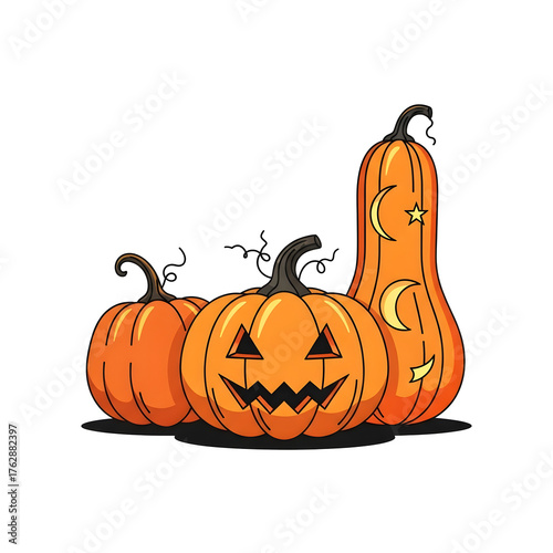 Three festive Halloween pumpkins, diverse shapes