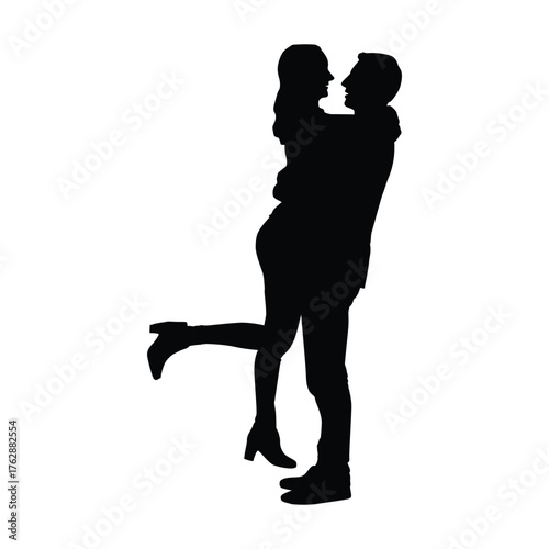 Silhouette of Romantic Couple Embracing Happily, Man Lifting Woman, Symbolizing Love, Joy, and Affection on White Background