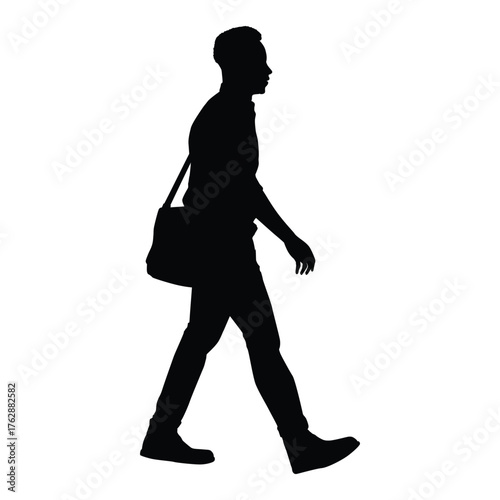 Silhouette of Young Man Walking in Profile View with Shoulder Bag, Commuting, Traveling, or Going to Work/School, Isolated