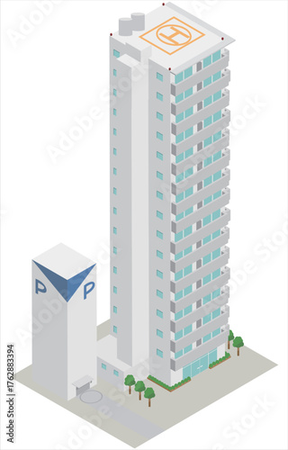 日本にありそうなタワーマンションの建物と機械式立体駐車場のアイソメトリックイラスト