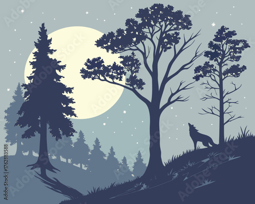 Silhouette of wolf howling at the moon in a winter forest landscape