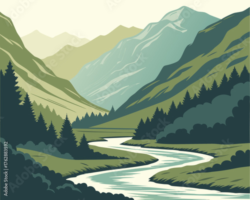 Serene river flowing through a mountain valley with lush green trees around