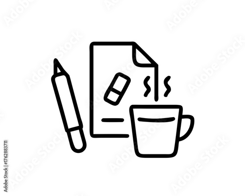 Office desk with coffee, paper, pen and eraser