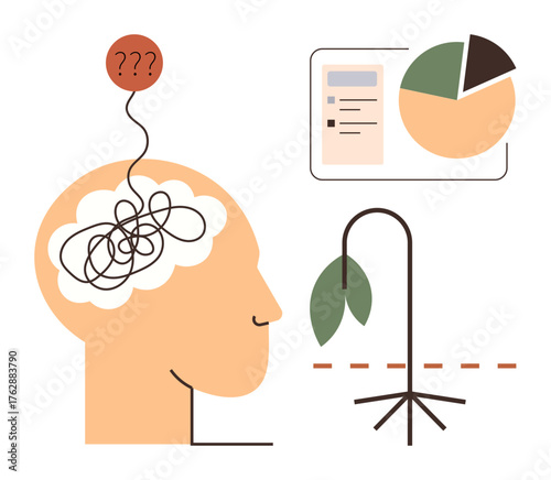 Human head with tangled lines indicating stress, question marks floating, wilted plant symbolizing burnout, and pie chart suggesting imbalance. Ideal for mental health, decision-making, productivity