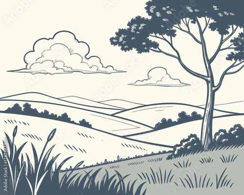 Illustration of a serene landscape with rolling hills and a solitary tree
