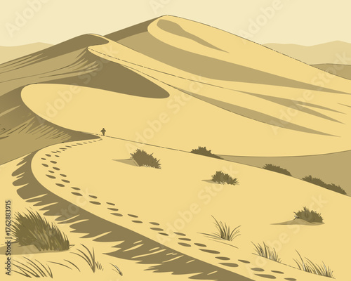 Illustration of a desert landscape with sand dunes and a path with footprints