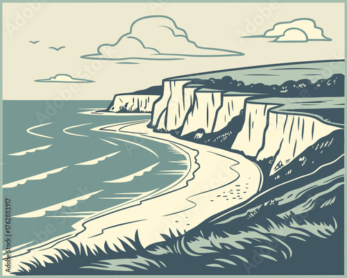 Illustration of a coastal landscape with cliffs and beach in vintage style