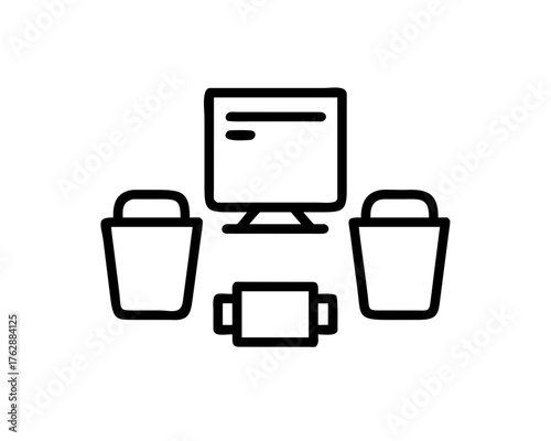 Computer setup with monitor, speakers, and subwoofer