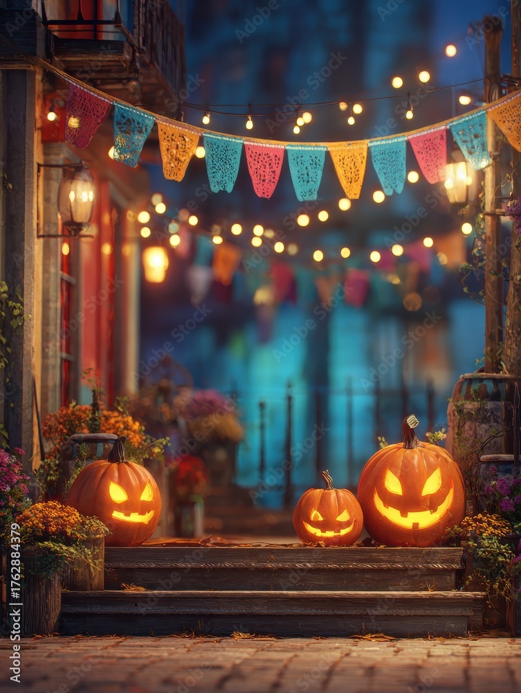 Obraz premium a festive halloween scene with carved pumpkins colorful banners and glowing lights the atmosphere is cheerful and inviting perfect for celebrations