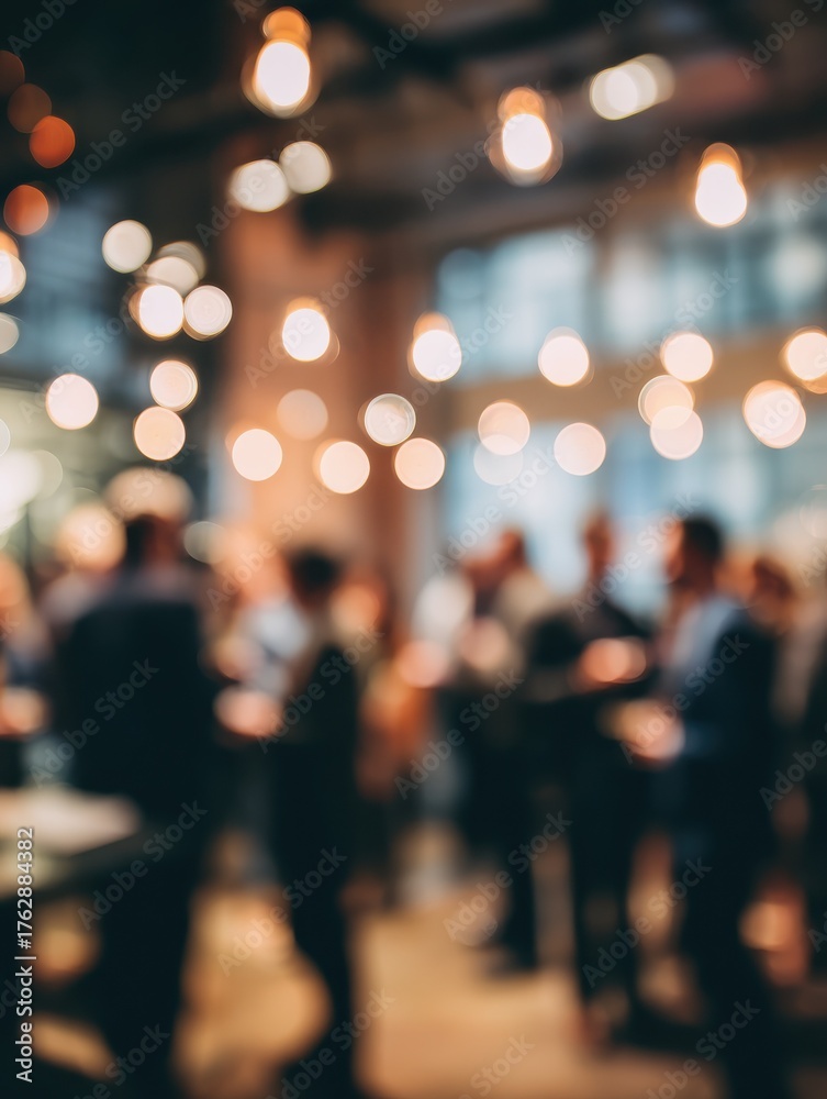 Fototapeta premium a blurred shot of business people networking at an office party with soft lighting and bokeh effects creating a warm social atmosphere