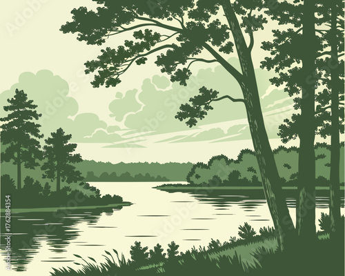 A picturesque river landscape with trees and clouds, creating a peaceful scene