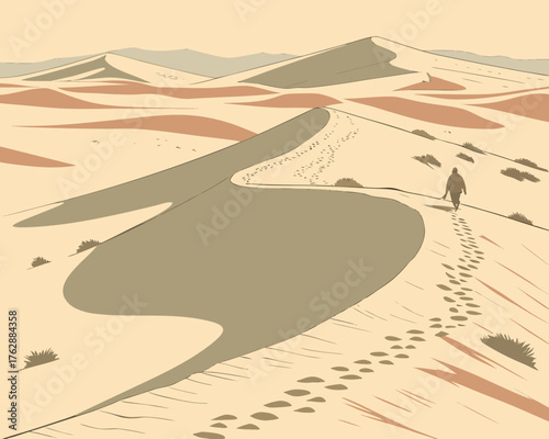 A lone figure traverses the vast expanse of a sandy desert landscape