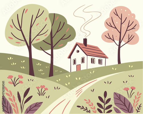 A cozy house with smoking chimney surrounded by trees in a peaceful landscape