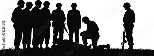 Silhouette of military soldiers group in battlefield giving aid to fallen comrade, army teamwork, war training, defense concept illustration