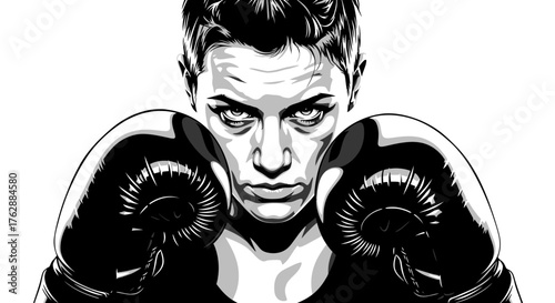 Intense female boxer portrait, Woman wearing boxing gloves, Fighter's determined look