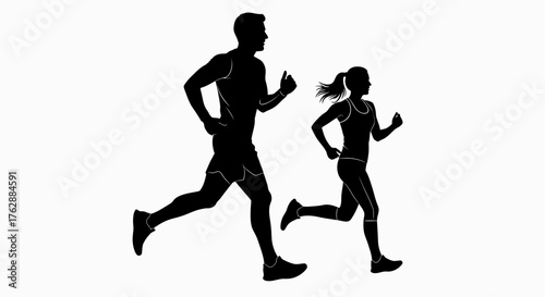 Man and woman running together, Couple jogging silhouettes, Fitness lifestyle