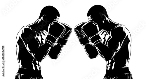 Two boxers facing off, Boxing match silhouette, Fighters with gloves