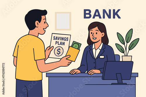 Bank Customer Saving Money at Teller