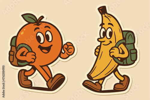 Cartoon orange and banana characters with backpacks