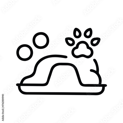 A simple outline of a pets litter box paw prints and bubbles