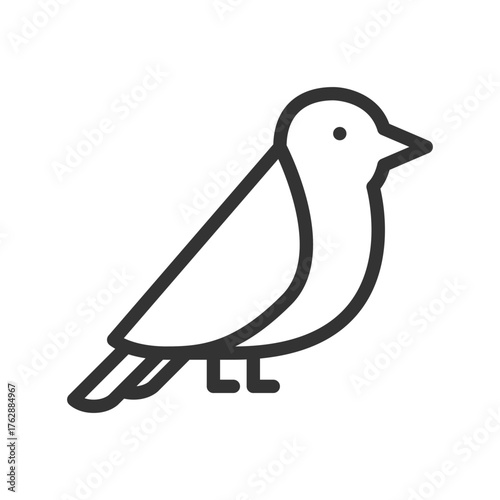 A simple outlined illustration of a small bird with minimalist details for the eye beak and legs