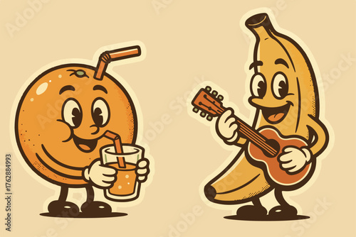 Cartoon orange and banana characters playing musical instruments and drinking juice