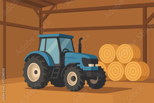 Blue tractor inside barn with hay bales