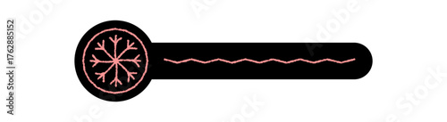 Pink snowflake label and seal with black outline appear as a cold ornament for package lid. Icon in crayon effect for christmas product, designed as a snow flake symbol holiday usage.