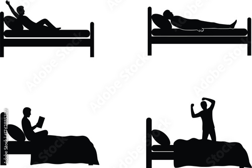 Morning and night routine silhouette of man in bed reading, waking up, sleeping and stretching, bedroom lifestyle vector illustration