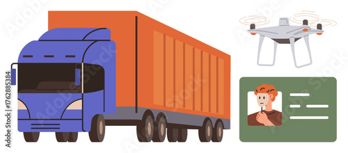 Freight truck alongside quadcopter and ID card highlighting technology in transport, cargo delivery. Ideal for fleet management, shipping, innovation, logistics solutions, automation, e-commerce