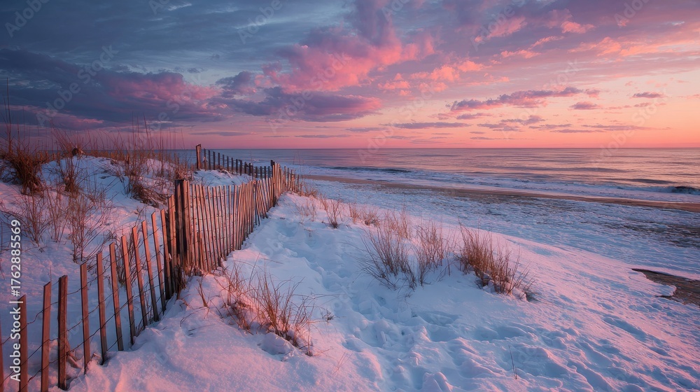 Obraz premium winter scene under color sky at sunset on snow covered beach jones beach state park long island ny no logos no brands ar 169