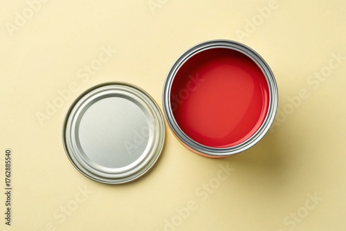 Can of red paint on light yellow background, top view - generated by ai