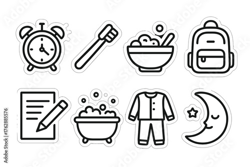 Icon set of bedtime routine objects on a white background  